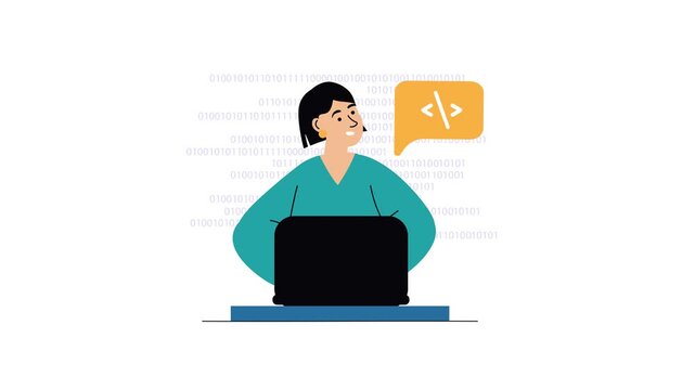 Flat animation of female developer coding on laptop with binary code