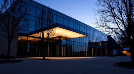 Fototapeta premium Modern glass office building entrance at blue hour with warm interior lighting, bare trees and paved plaza in foreground