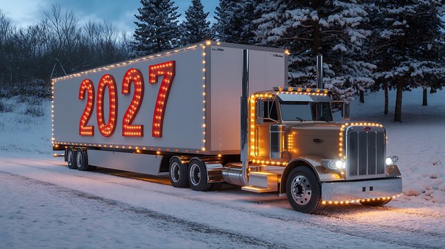 large semitruck with 2027 on side driving on snowy road at dusk