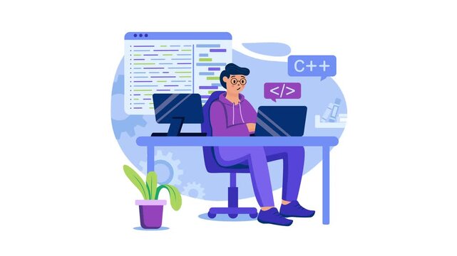 Animated programmer coding at desk with laptop and C++ interface