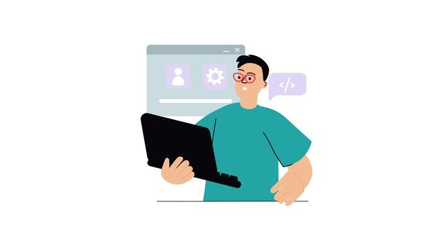 Animated programmer working on laptop with code interface and settings