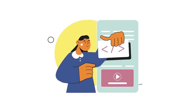 Female developer pointing at code on screen in flat animation