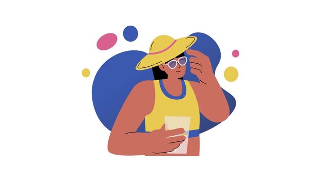 Animated summer woman in sun hat and sunglasses holding drink illustration