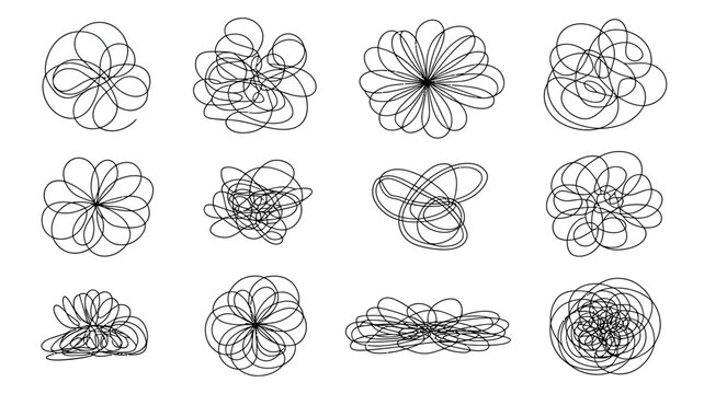 An arrangement of abstract black linear designs reminiscent of floral or organic forms fills the frame set against a clean white background high quality professional detailed