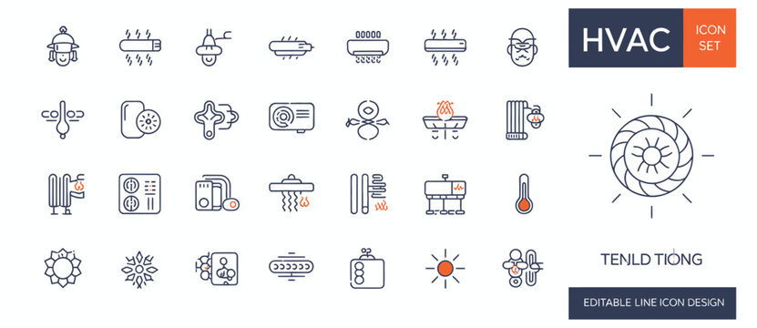 HVAC heating ventilation air conditioning system field icons and symbols set for industrial design