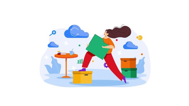 Animated woman carrying storage box in cloud computing workspace flat illustrati