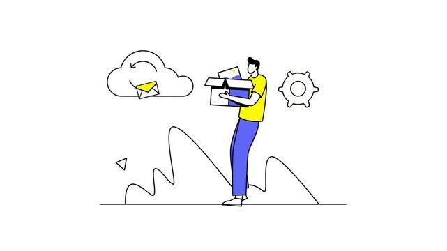 Animated man carrying boxes beside cloud sync and gear icons