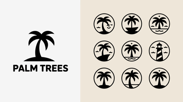 A collection of minimalist black icons depicts tropical themes including palm trees islands and a lighthouse set against a beige backdrop high quality professional detailed modern