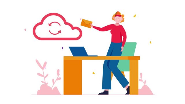Animated woman sending email from desk with cloud sync icon illustration