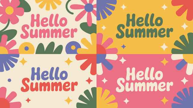 A vibrant colorful illustration displays the phrase hello summer repeated four times framed by stylized flowers and scattered star shapes high quality professional detailed modern elegant