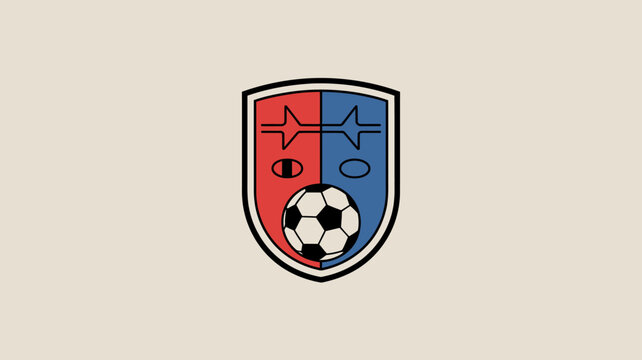 A shield shaped emblem features a soccer ball at the bottom and a divided upper section with abstract star like designs high quality professional detailed modern