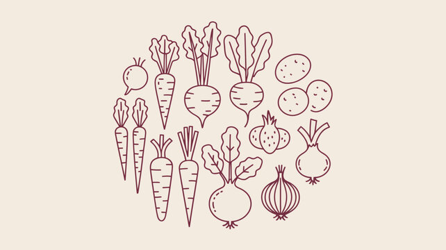 A collection of hand drawn root vegetables including carrots beets radishes onions and turnips are arranged in a circular pattern high quality professional detailed modern elegant