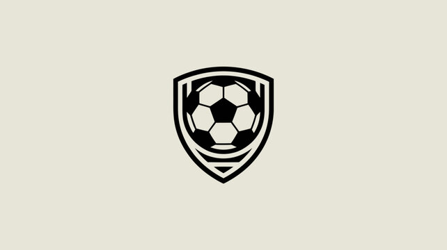 A graphic illustration depicts a soccer ball centered within a shield shaped emblem presented in a striking black and white color scheme high quality professional detailed