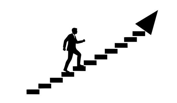 A focused businessman steadily ascends a flight of stairs that seamlessly transforms into an upward-pointing arrow, depicting a structured and progressive path towards business success.