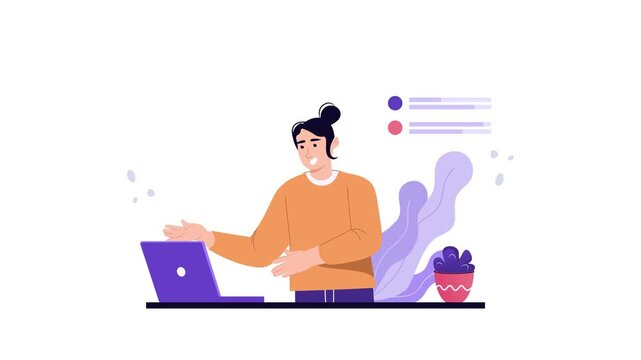 Woman presenting cloud upload icon beside laptop in flat vector animation