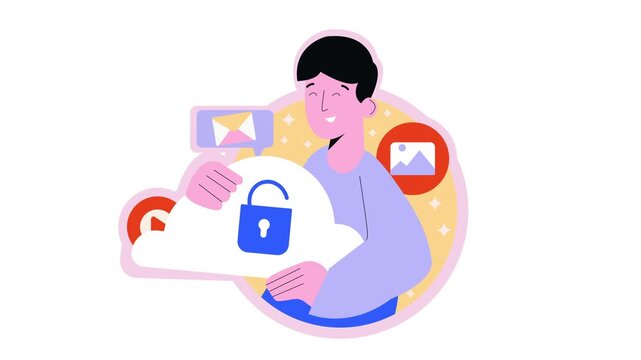 Animated man protecting cloud storage with padlock and media icons