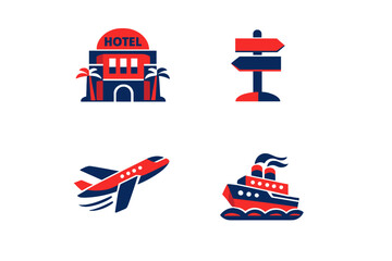 Icons showing travel themes with hotel, airplane, ship, and signpost in vibrant colors on a white background © Mark