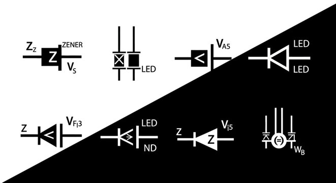Electronic circuit diagram with LED and Zener diode configurations.