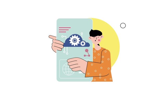Animated developer holding digital cloud interface with gears