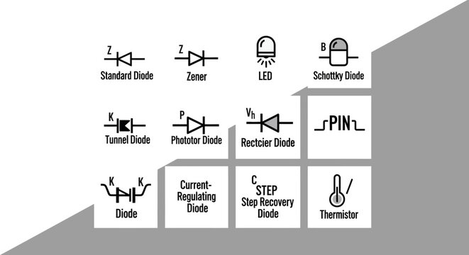 Electronic component symbols and diagrams.