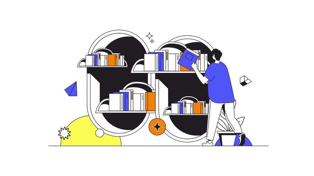 Animated woman arranging books on abstract library shelves in flat style