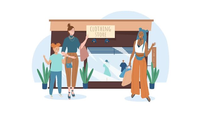Animated diverse women shopping outside clothing store with sale sign