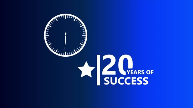 20 success blue gradient badge with clock icon and star symbol representing achievement milestone concept clean modern professional corporate branding design 4k visuals