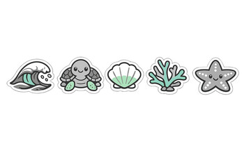 Obraz premium Designs of marine life stickers include a wave, turtle, shell, coral, and starfish, showcasing ocean wildlife in a simple layout