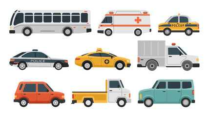 Naklejka premium An assortment of various service and emergency vehicles are displayed including buses police cars ambulances and delivery trucks high quality professional detailed modern elegant stylish clean