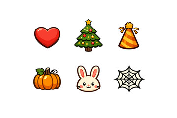 Obraz premium Different colorful symbols including a heart, tree, party hat, pumpkin, bunny face, and spider web in a simple layout