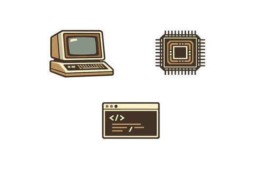 Old computer, microchip and code editor show technology from the past and present in a creative design for tech lovers online