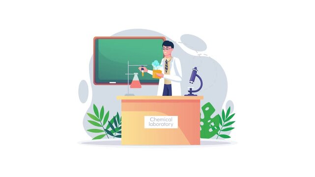 Animated chemistry teacher conducting experiment in laboratory classroom