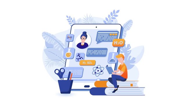 Animated chemistry education illustration with scientist, laptop and lab icons