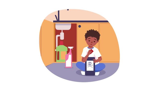 Animated cartoon child holding toxic cleaner bottle in kitchen cabinet