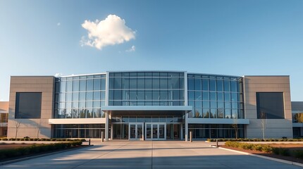 Obraz premium Modern corporate office building with large glass facade and curved architecture under blue sky with white clouds