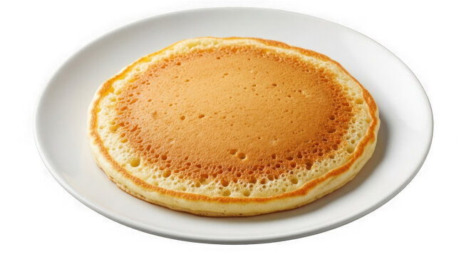 Single golden pancake on white plate isolated on transparent background