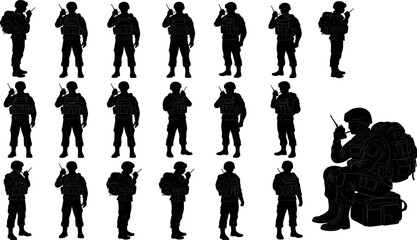 Silhouette collection of soldiers using handheld radios, military communication poses, tactical gear, army figures illustration, isolated vector design © mstsahera