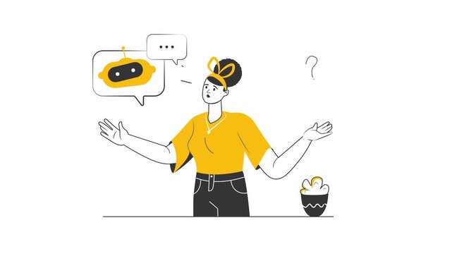 Animated woman with chatbot and question mark in AI decision concept
