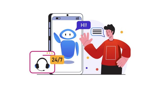 Animated chatbot on smartphone with user and 24/7 support illustration