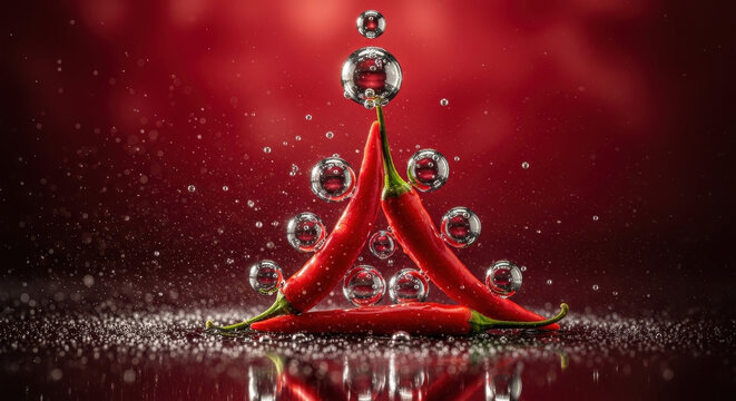 A vibrant red chili pepper with green stems and seeds, artistically arranged to resemble a Christmas tree, surrounded by numerous water droplets and bubbles, set against a dark, sparkling background.
