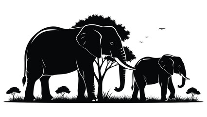 Elephant Mother and Calf Silhouette in African Savanna Nature Scene © SK design