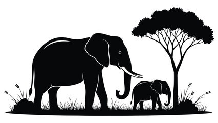 Elephant Mother and Calf Silhouette in African Savanna Nature Scene © SK design