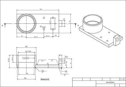 Assembly drawing of bearing block.
Vector design of steel mechanical device with 
dimension lines.
Engineering technic computer cad scheme on 
transparent background. Hand drawn sketch.