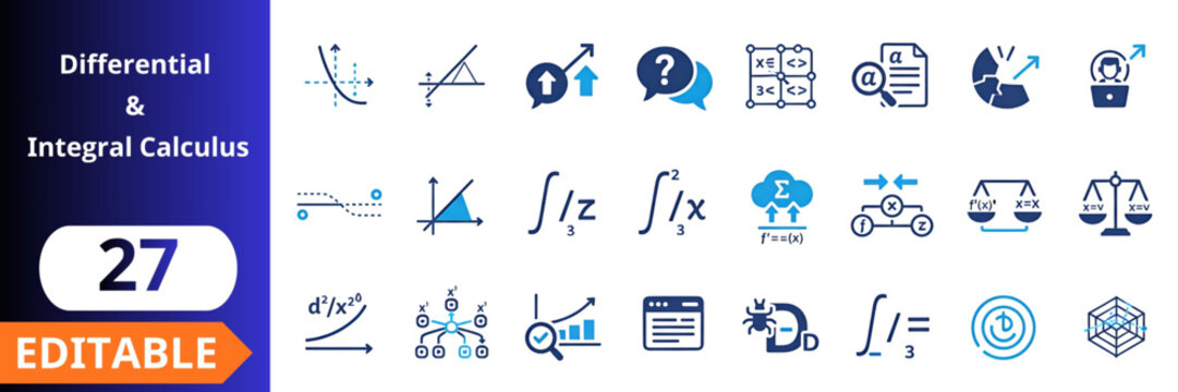 Differential and integral calculus flat icons set. math symbols, function graphs, derivative concepts, integration formulas, data analysis, education tools, science visuals