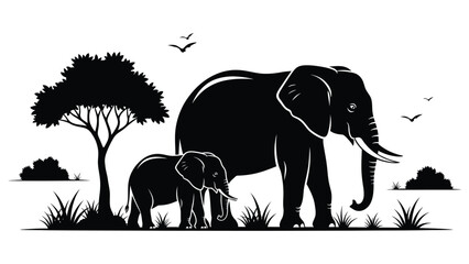 Elephant Mother and Calf Silhouette in African Savanna Nature Scene © SK design