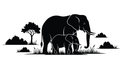 Elephant Mother and Calf Silhouette in African Savanna Nature Scene © SK design