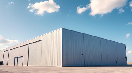 Fototapeta premium Modern industrial warehouse building exterior with large roller doors under clear blue sky, minimalist commercial architecture