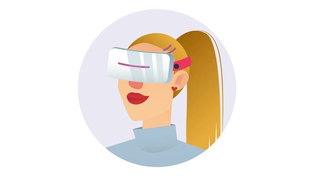 Animated woman wearing VR headset portrait in flat vector style