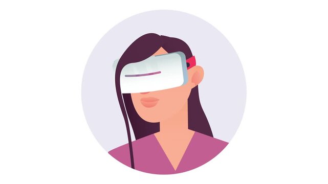 Woman wearing virtual reality headset in flat vector illustration