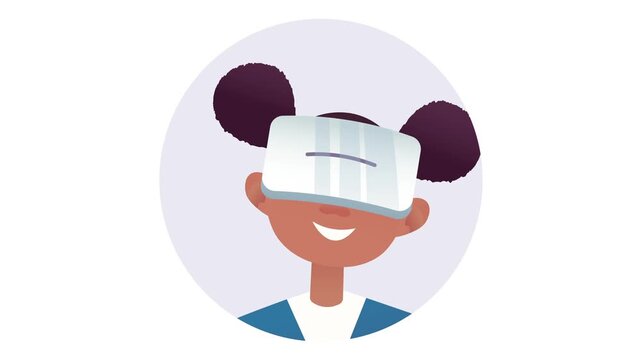 Smiling child wearing virtual reality headset in animated vector portrait